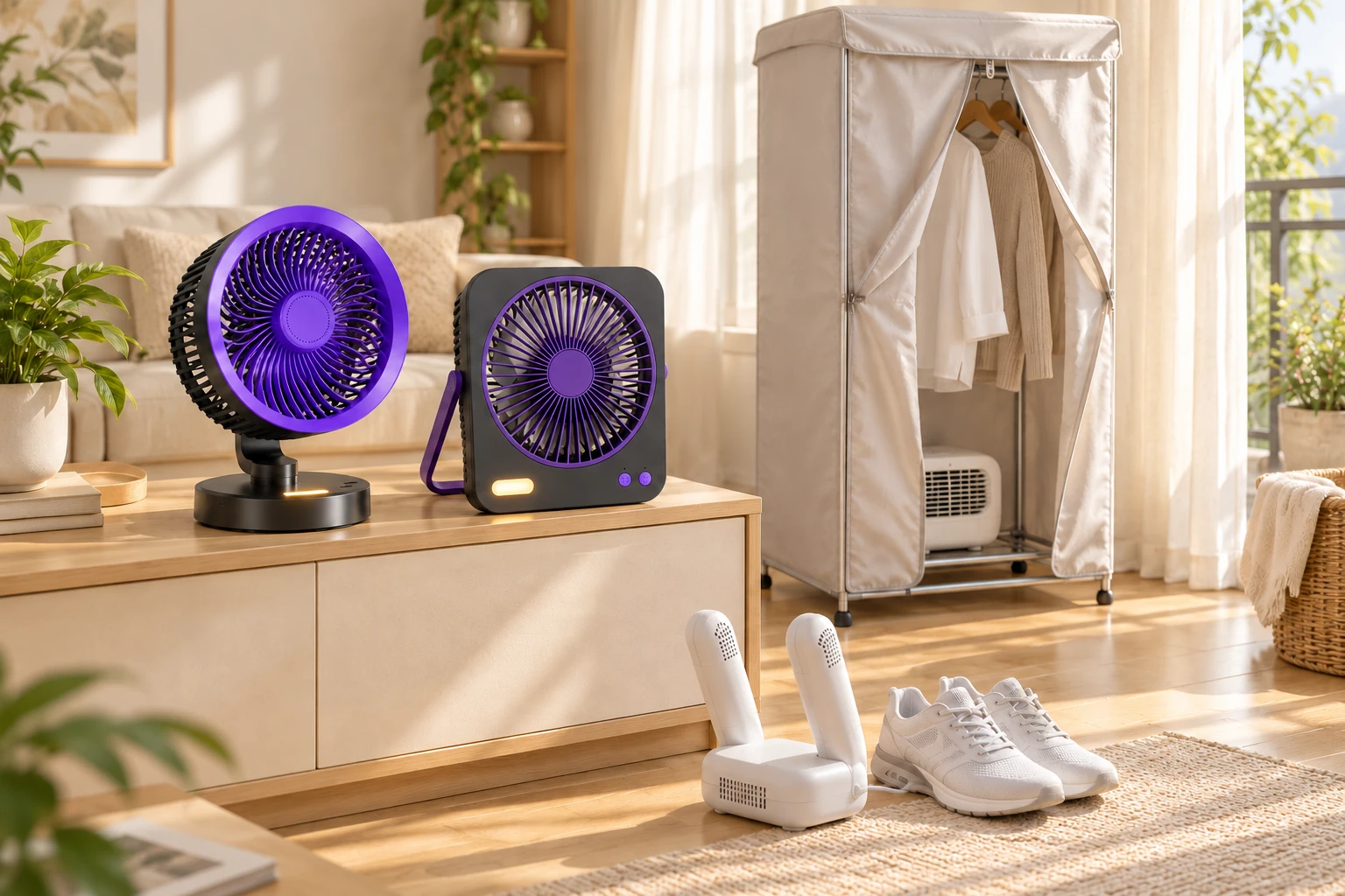 SSQUEEN fans in a warm home, with illustrative clothes-drying and shoe-drying appliances